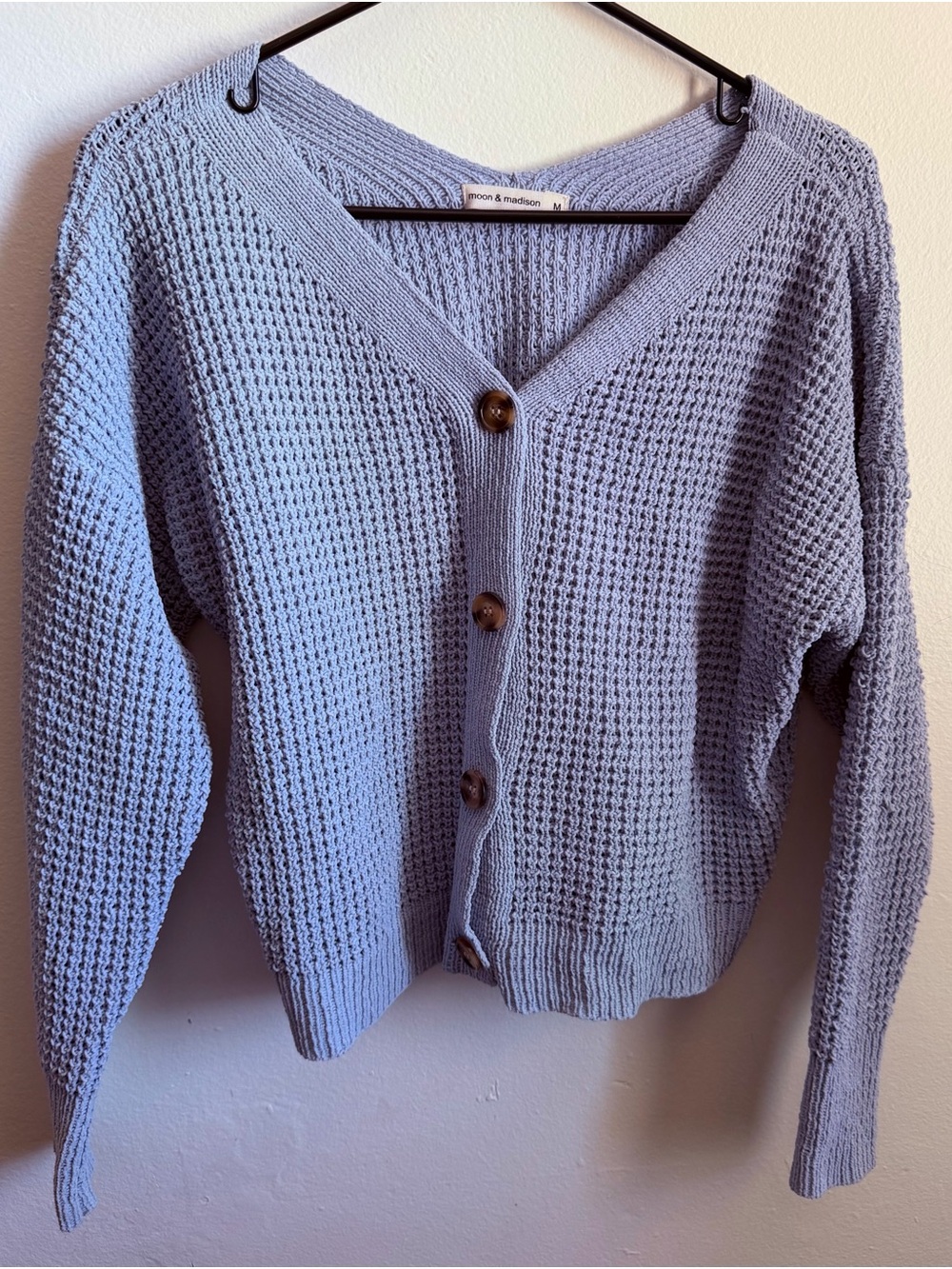 moon & madison light blue cropped Waffle Knit V-Neck Cardigan